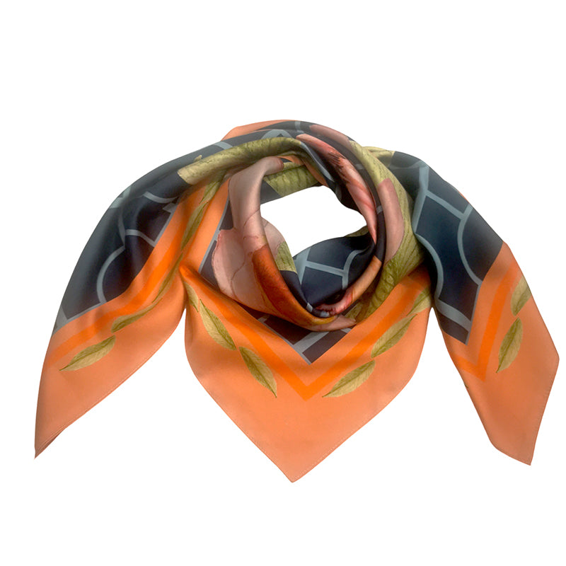 Delicate and soft silk Twill scarf with two kissing birds illustration in vibrant orange and green leaves edges with two tones blue geometric background .90cm x 90cm