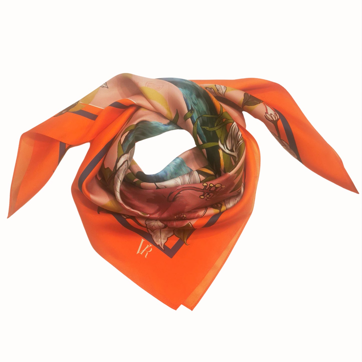 Delicate and soft silk Twill scarf with four mirrored tropical  birds illustration in vibrant orange and blue edges with pink floral  background .90cm x 90cm